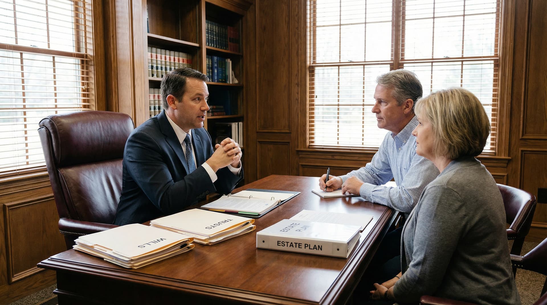 Estate planning attorney meeting with couple, discussing beneficiary options and legal documents
