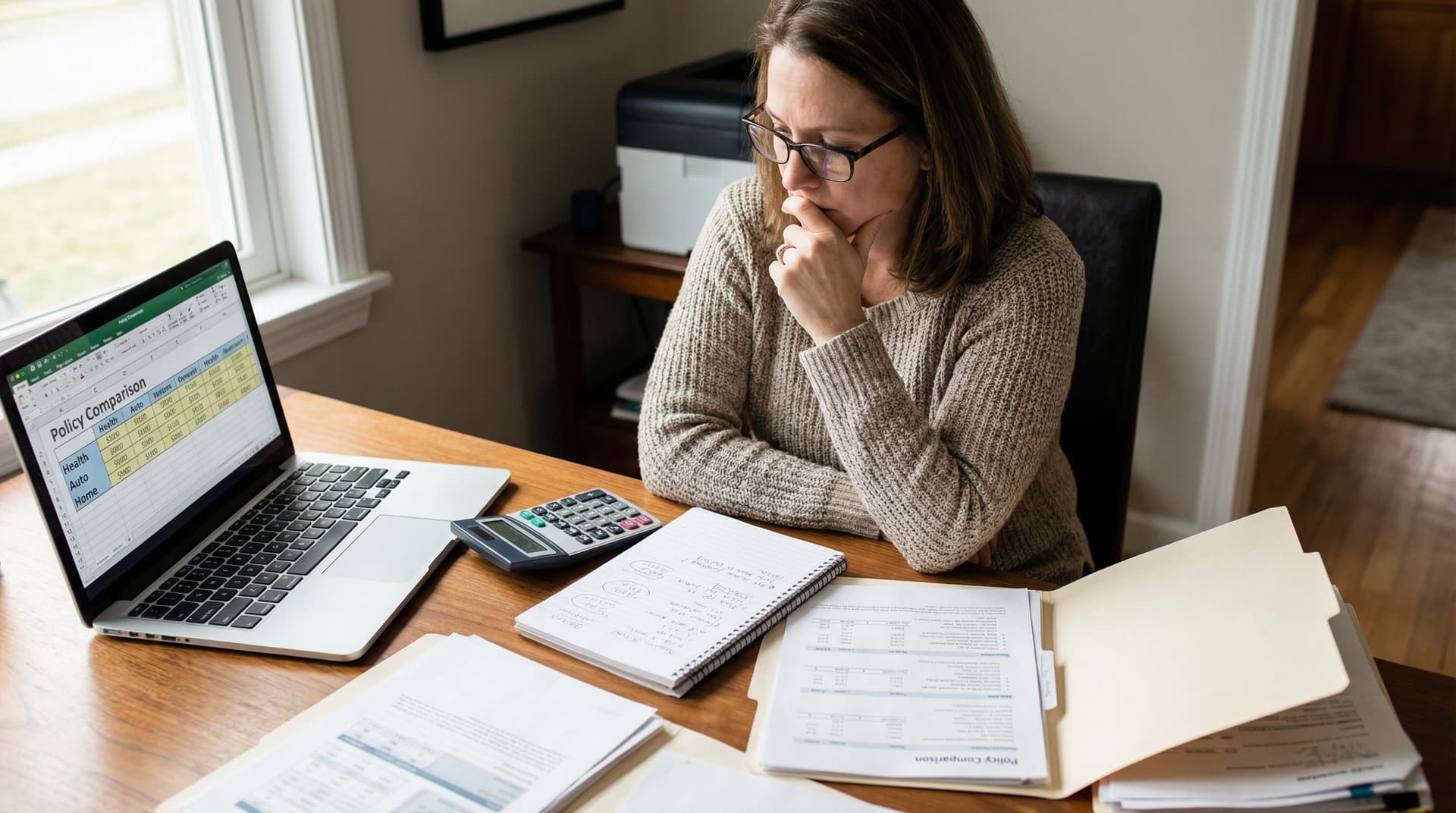 Young professional reviewing insurance policy documents on laptop, modern home office setting