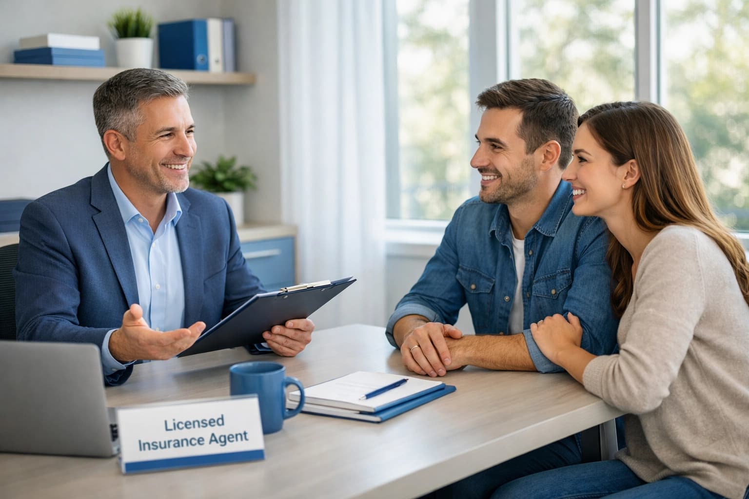 Licensed insurance agent helping a young couple get life insurance quotes in a relaxed consultation