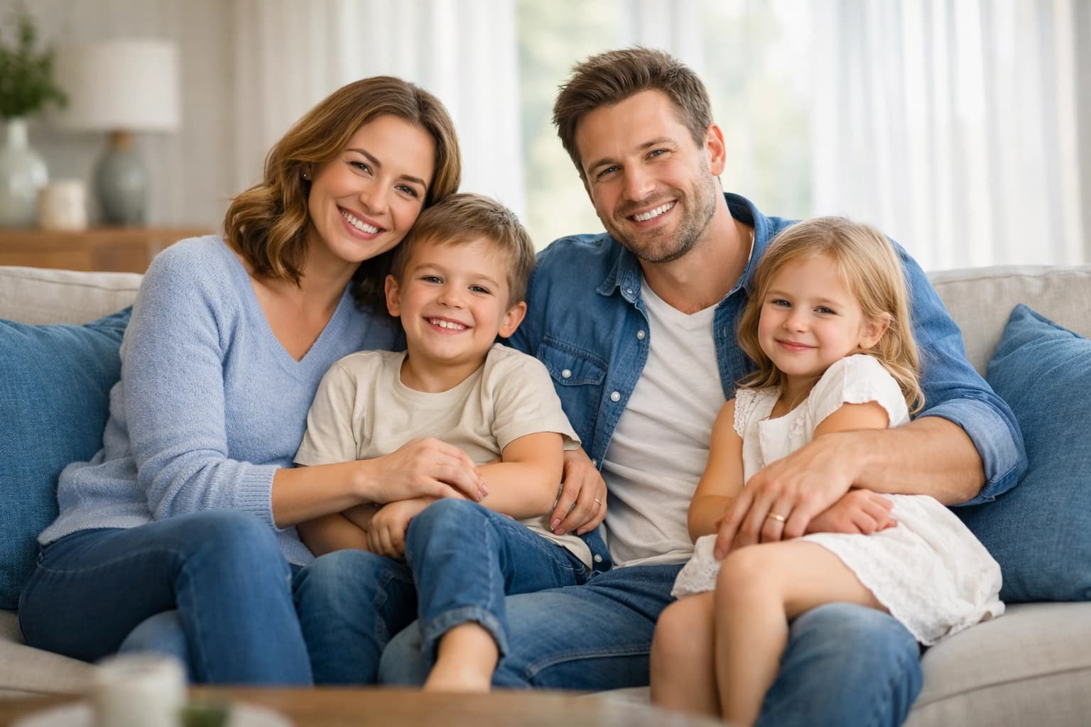 Happy family relaxing together with peace of mind after finding the right life insurance coverage